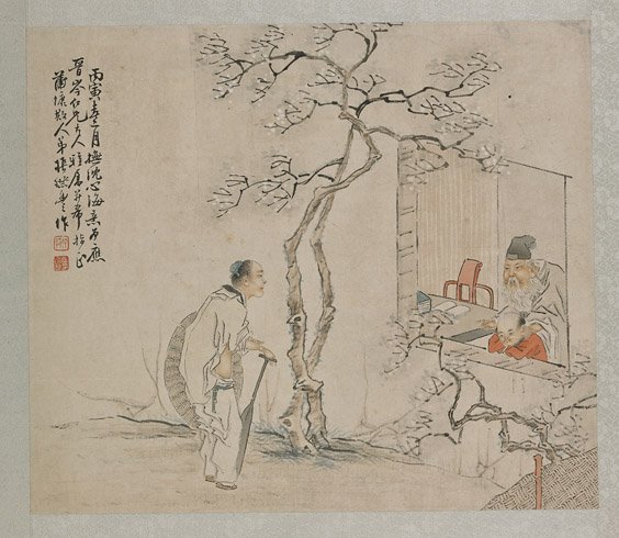 Chinese Paper, Ink & Colors Painting: Chinese Paper, Ink & Colors Painting Chinese ink and colors on paper painting; depicting bearded scholar and attendant at a window addressing a figure standing outside among blossoming trees, inscript