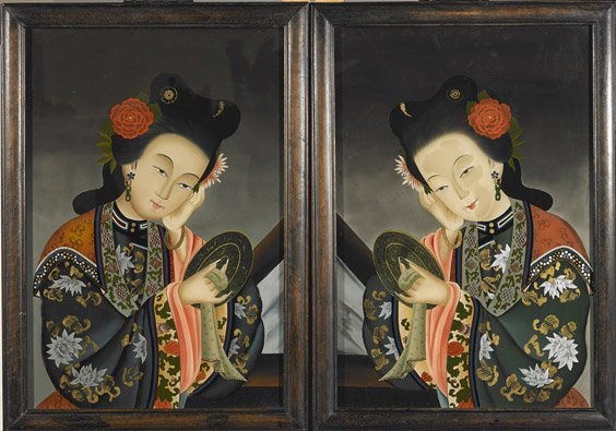 Pair Chinese Reverse Glass Paintings: Beauties