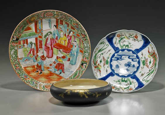 Three Various Asian Ceramic Dishes: Three Various Asian Ceramic Dishes Antique Chinese Rose Medallion porcelain dish, circular with figural scene bordered by flowers; antique Japanese Imari dish, foliate rim and with phoenix and bird mo