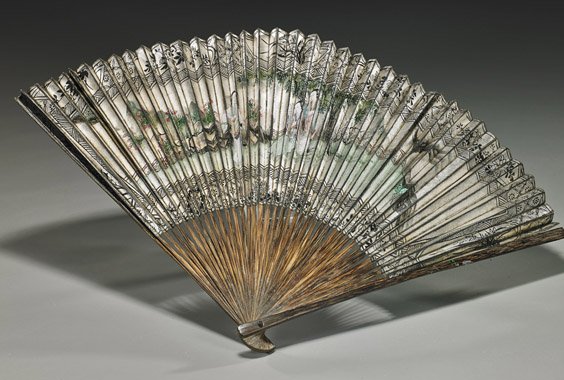 Old Chinese Bamboo & Paper Fan: Old Chinese Bamboo & Paper Fan Old Chinese bamboo and gilt paper fan; painted with beauties and landscape poems, and with calligraphy to the reverse (minor flaws); L: 17"