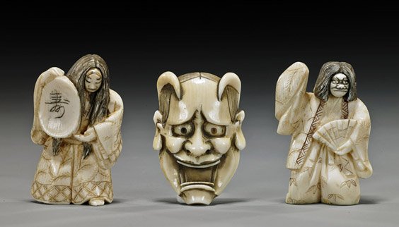Three Old Carved Ivory Hanya Netsuke: Three Old Carved Ivory Hanya Netsuke Three carved ivory netsuke: 2 early 20th century turn-face Hanya dancers, each signed; and an old carved ivory horned Hanya mask, signed
