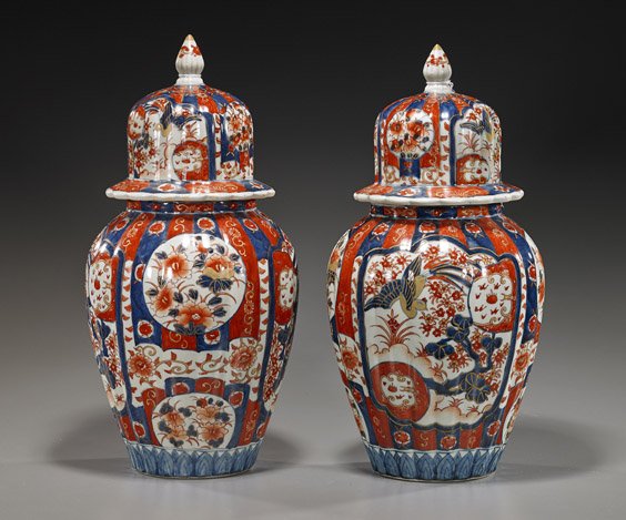 Pair Antique Japanese Imari Porcelain Jars: Pair Antique Japanese Imari Porcelain Jars Pair antique Japanese, Imari porcelain jars and covers; each of lobed baluster form with domed covers and with allover floral and bird panels, 19th Century; 