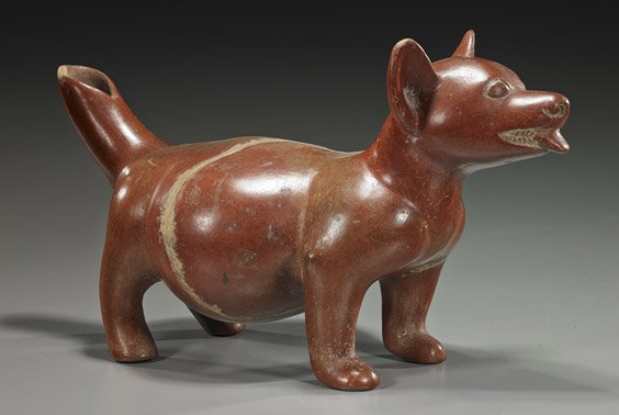Large Pre-Columbian Pottery Dog (Colima): Large Pre-Columbian Pottery Dog (Colima) Unusually large, West Coast Mexican Pre-Columbian pottery model of a fat dog; standing on all fours and with its tongue hanging from its mouth (repairs), Colim