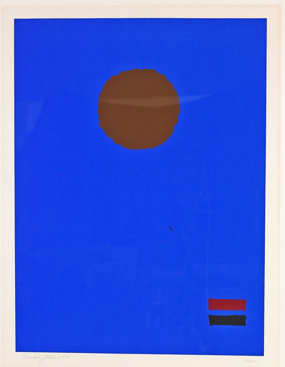 Large Screen Print on Paper by Gottlieb: Large Screen Print on Paper by Gottlieb Large color screen print by Adolph Gottlieb; depicting a somewhat orange circle with scalloped edge and two small dashes on bright blue field, pencil signed, en