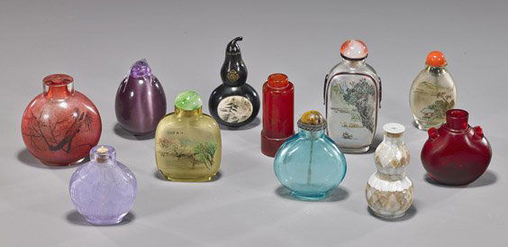 Group 11 Various Chinese Snuff Bottles: Group 11 Various Chinese Snuff BottlesGroup of 11 various Chinese snuff bottles, including old and modern: double gourd form shell appliqué with incised details; 4 inside painted glass: pink with cat