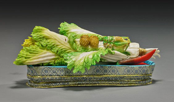 Chinese Polychromed Bone Cabbage Model: Chinese Polychromed Bone Cabbage ModelVery realistically detailed, Chinese sectional carved and polychromed bone model of a cabbage; with naturalistic leaf texture and with a grasshopper and peanuts p