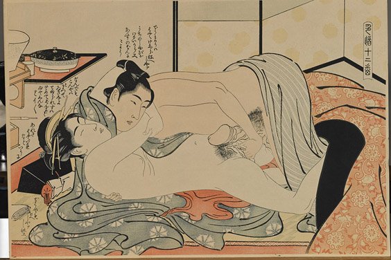 Four Antique Japanese Erotic Woodblock Prints: Four Antique Japanese Erotic Woodblock Prints Four antique Japanese erotic shunga woodblock prints: each depicting of an actively amorous couple, each signed (each lightly toned); 9" x 13 1/2" (larges