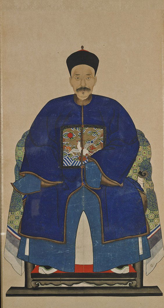 Chinese Ancestral Portrait Painting: Chinese Ancestral Portrait PaintingAntique Chinese ink and colors on paper ancestral portrait painting; depicting a seated male figure in long blue robes with rank badge to the front depicting a crane