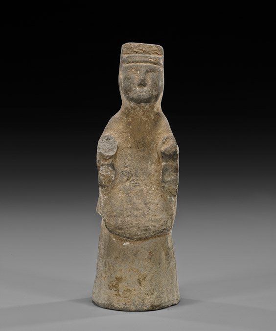 HAN DYNASTY PAINTED POTTERY FIGURE: HAN DYNASTY PAINTED POTTERY FIGURE Chinese Han Dynasty painted gray pottery figure; of a stylized standing male attendant depicted wearing a stepped cap; H: 7 1/2"; Provenance: J. T. Tai & Co., Inc., 
