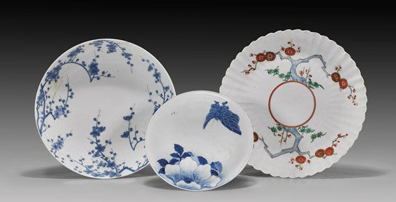 THREE OLD & ANTIQUE JAPANESE PORCELAINS: THREE OLD & ANTIQUE JAPANESE PORCELAINSGroup of three, old and antique, Japanese porcelain dishes, of various kilns: small footed blue and white with butterfly and blossoms; tall footed blue and white