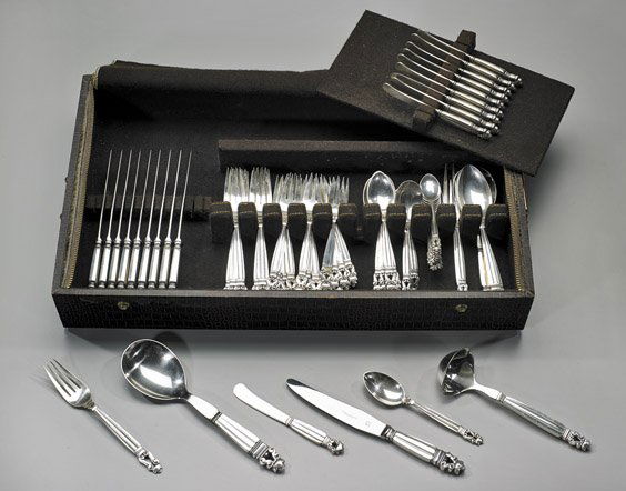 STERLING FLATWARE BY GEORG JENSEN: STERLING 'ACORN' FLATWARE BY GEORG JENSENSet of Danish Sterling silver flatware by Georg Jensen; of the Acorn pattern designed by Johan Rohde, with service for 10, including: 10 dinner forks, 10 salad