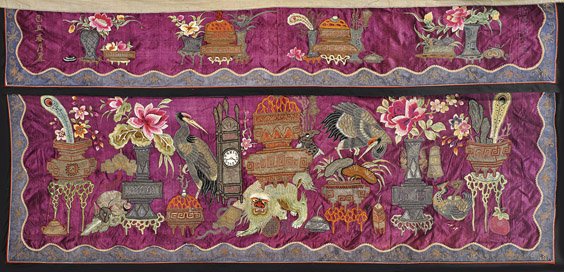 ANTIQUE CHINESE SILK EMBROIDERY: ANTIQUE CHINESE SILK EMBROIDERY Unusual and antique, Chinese silk embroidery; probably an altar table panel, with design of various precious vessels, with cranes, flowers, lions and a clock at center,