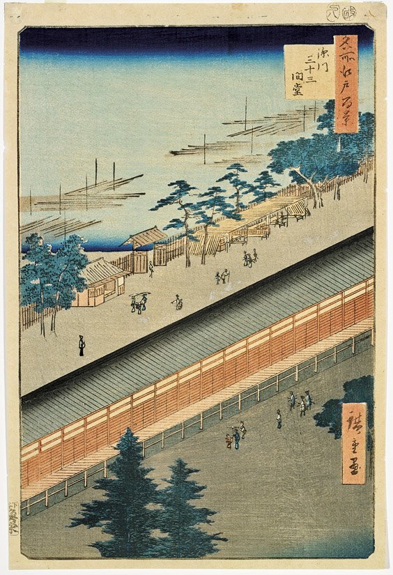 JAPANESE WOODBLOCK PRINT BY HIROSHIGE: JAPANESE WOODBLOCK PRINT BY HIROSHIGE Antique Japanese ukiyo-e woodblock print by Ando Hiroshige (1797–1858), #71 from the One Hundred Famous Views of Edo series, titled The Thirty-three Ken Hall at