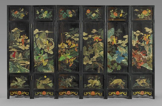 CHINESE SIX-PANEL LACQUERED SCREEN: CHINESE SIX-PANEL LACQUERED SCREEN Chinese six-panel painted lacquered screen; each panel depicting a fantastical figural scene of featuring celestial deities in narrative animated scenes in the cloud