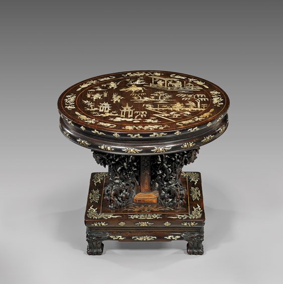 ANTIQUE INLAID HARDWOOD PEDESTAL: ANTIQUE INLAID HARDWOOD PEDESTAL Antique Chinese inlaid hardwood pedestal/stand; the round top with design of figures in various garden activities framed by a border of squirrels and foliage, all rend
