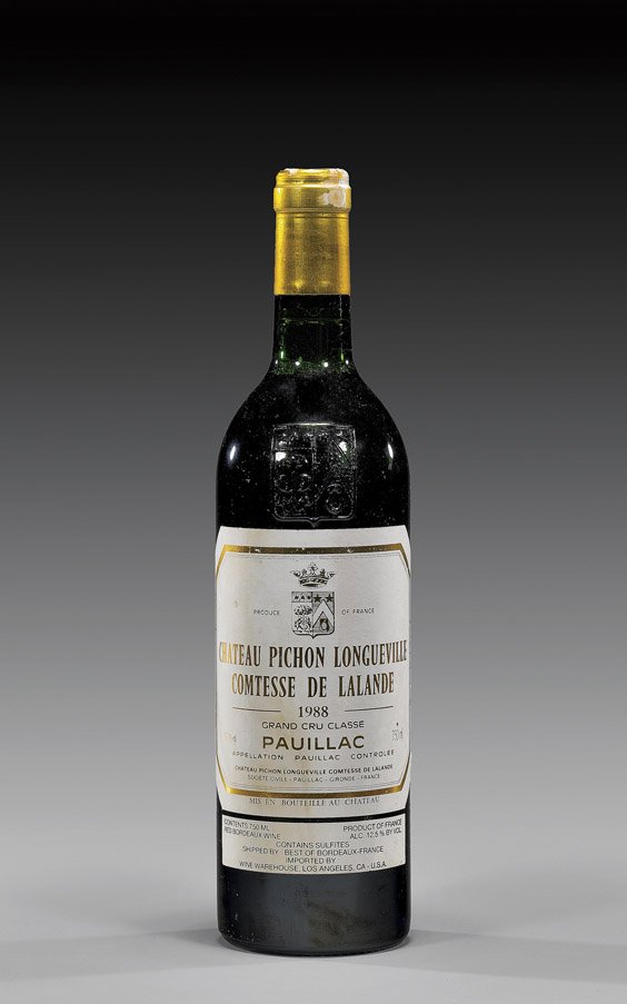 1988 Chateau Pichon Lalande Pauillac: 1988 Chateau Pichon Lalande Pauillac Bottle of a 1988 Chateau Pichon Longueville Comtesse de Lalande Pauillac grand cru bordeaux wine; 750ml; shipping/import label Best of Bordeaux-France and Wine War