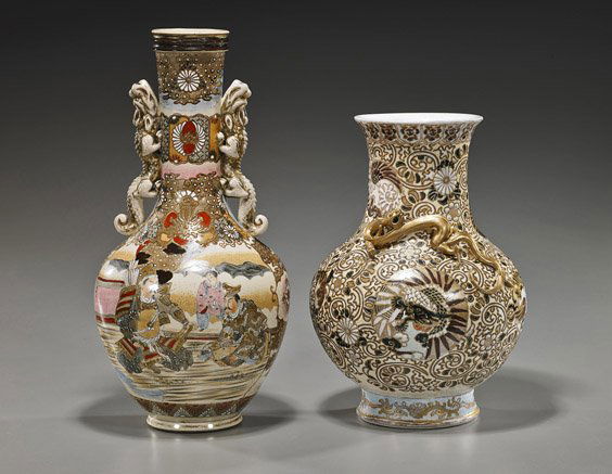 Two Old Japanese Satsuma-Type Vases: Two Old Japanese Satsuma-Type VasesTwo early 20th Century, Japanese Satsuma-type earthenware glazed bottle vases: the taller with figural panels and moulded dragon handles; the other with all over rai
