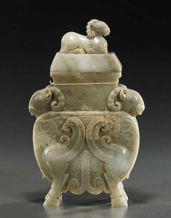 Large Archaistic Carved Jade/Hardstone Urn: Large Archaistic Carved Jade/Hardstone Urn Large Chinese archaistic carved jade/hardstone covered bronze-form urn: with ram head handles and raised on hoofed feet, low relief scrolling animal motifs t