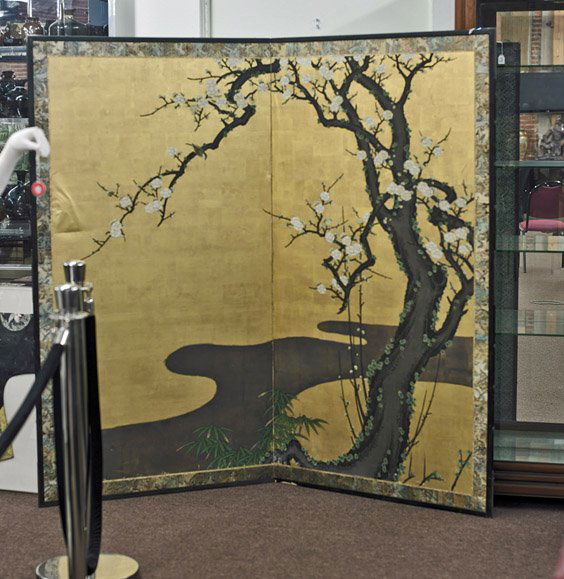 Antique Japanese 2-Panel Paper Screen: Antique Japanese 2-Panel Paper ScreenAntique Japanese 2-panel paper screen; with continuous design of a blossoming tree on gilt ground (small flaws and old repair to one section), late 19th Century; L