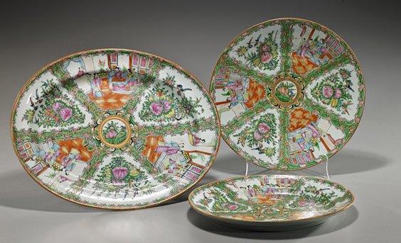3 Large Antique Rose Medallion Serving Dishes: 3 Large Antique Rose Medallion Serving Dishes Three large and antique, Chinese Rose Medallion porcelain serving dishes, including: large oval platter, larger circular platter, and medium oval platter;