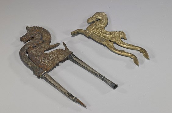 Two Old Balinese Betel Nut Cutters: Two Old Balinese Betel Nut Cutters Two Balinese horse-headed betel nut cutters: one with horse leg appendages; the other antique with metal inlay designs; L: 8 1/2" (larger)