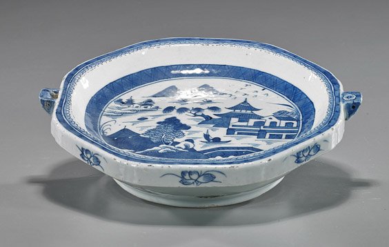 Antique Chinese Blue & White Warming Dish: Antique Chinese Blue & White Warming Dish Antique Chinese blue and white Export porcelain warming dish; circular with typical "Canton" landscape pattern (minor frits); D: 10 1/2"