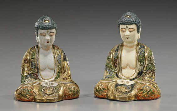 Pair Old Japanese Satsuma-Type Buddhas: Pair Old Japanese Satsuma-Type BuddhasPair early 20th Century, Japanese Satsuma-type glazed earthenware models of Buddhas; each seated in long floral robes and with hands in mudra, much use of gilt; H