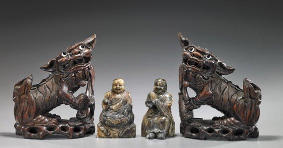 2 Pair Carvings: Soapstone Figures & Wood Lions: 2 Pair Carvings: Soapstone Figures & Wood Lions Two pair Chinese carvings: soapstone Buddhist figures of Lohan and Budai, each multi-colored and both seated on a rectangular plinth (small chips); toge