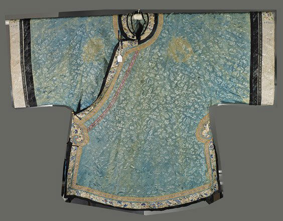 Antique Chinese Silk Embroidered Short Robe: Antique Chinese Silk Embroidered Short RobeAntique Chinese silk short robe; of floral patterned blue silk with embroidered floral borders (wear and stains); L: 34"