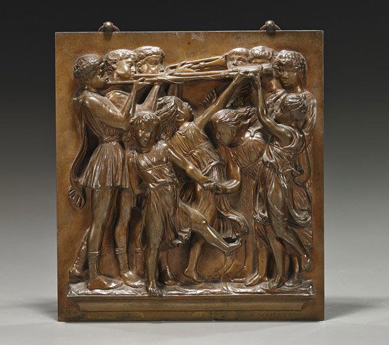 Bronze Figural Plaque after Della Robbia: Bronze Figural Plaque after Della RobbiaCoppery bronze plaque after Luca della Robbia; depicting various horn-playing musicians and with dancing children in relief, signed F. Barbedienne (some wear);