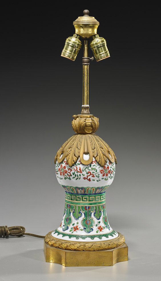 Antique Famille Verte Porcelain Vase/Lamp: Antique Famille Verte Porcelain Vase/Lamp Antique Chinese Famille Verte porcelain beaker vase section, 18th/19th Century; now mounted as a lamp in 19th Century Ormolu; H: 10 1/2" (vase)