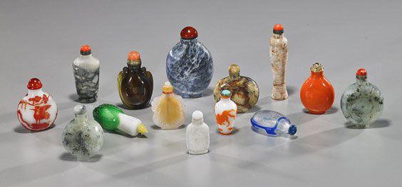 Group of 14 Various Chinese Snuff Bottles: Group of 14 Various Chinese Snuff BottlesGroup of 14 various Chinese snuff bottles, including: orange glass; 4 overlay glass: cabbage form, turtle form, cranes motif, and fish design; 2 carved jade or