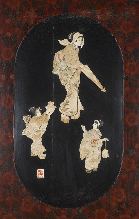 Pair Antique Japanese Appliqué Lacquer Panels: Pair Antique Japanese Appliqué Lacquer Panels Pair antique Japanese lacquer plaques; each with ivory, bone and shell appliqué designs of ladies with attendants, all carrying items; each signed in re
