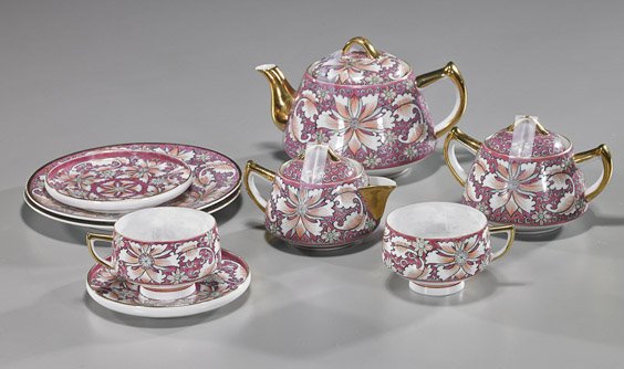 Chinese "Eggshell" Porcelain Tea Set: Chinese "Eggshell" Porcelain Tea Set Chinese "eggshell" porcelain tea set for two, including: creamer, sugar bowl, teapot, two plates, and two cups and saucers; all with pink ground floral motifs, 6-c