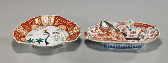 Two Antique Japanese Imari Dishes: Two Antique Japanese Imari Dishes Two antique Japanese Imari porcelain dishes; unusual shapes: one with a crouching beauty, verso blue and white flowers (seal mark); the other with crane and bamboo on