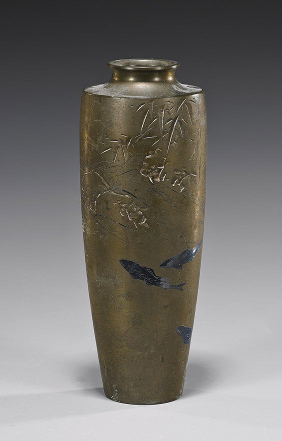 Antique Japanese Inlaid Bronze Vase: Antique Japanese Inlaid Bronze VaseAntique Japanese bronze vase; of elongated ovoid form and with inlaid fish design: swimming near a rocky shore (some wear), late 19th Century; H: 7"; with certificat