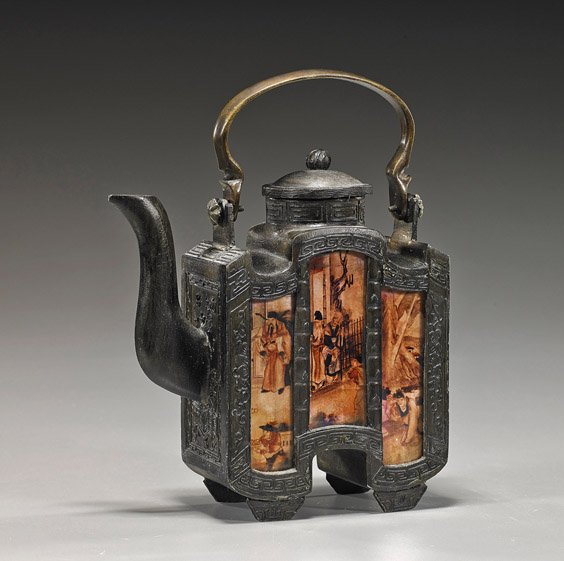 Chinese Metalwork & Glass Teapot: Chinese Metalwork & Glass Teapot Chinese metalwork teapot; with inset glass panels to each side depicting figural scenes, seal mark; H: 7 3/4"; with certificate