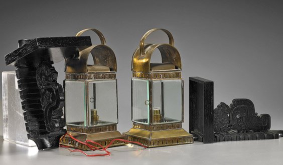 Pair Antique Chinese Copper Lanterns: Pair Antique Chinese Copper Lanterns Pair of antique Chinese copper lanterns (electrified); each of rectangular form, glazed (minor flaws), Circa 1900; H: 13" (each); together with carved and lacquere