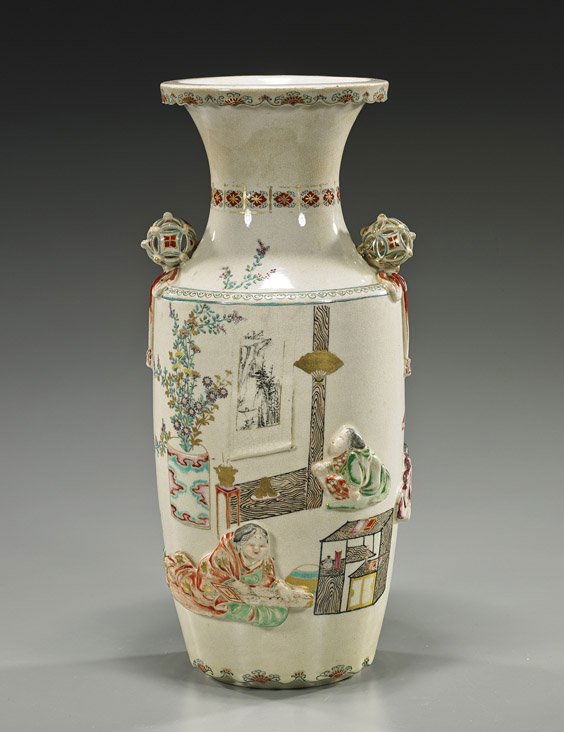 Antique Japanese Moulded Satsuma Vase: Antique Japanese Moulded Satsuma VaseAntique Japanese Satsuma glazed earthenware vase; ovoid form with flared rim and with moulded figural designs among florals, unusual openwork "ball" handles (minor