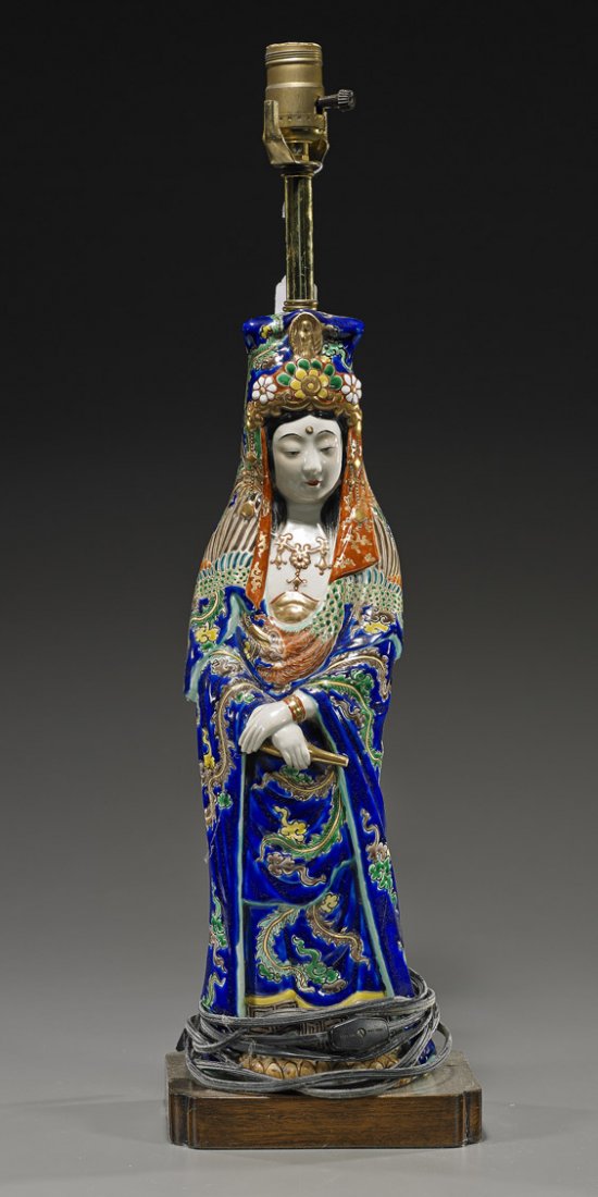 Antique Japanese Imari Porcelain Kannon: Antique Japanese Imari Porcelain Kannon Antique Japanese Imari porcelain figure of Kannon; standing in long and elaborate phoenix robes and veil, holding her overturned vessel (drilled and mounted as 