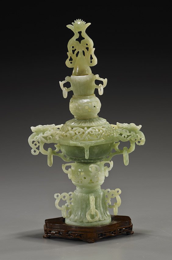 Chinese Carved Green Bowenite Censer: Chinese Carved Green Bowenite CenserChinese Carved sectional green bowenite censer; the body globular on a pedestal foot and with tall flaming pearl finial to the cover, with numerous loose rings and