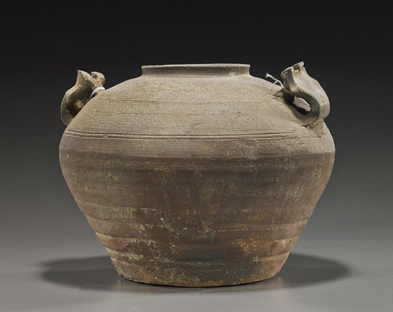 Rare Tang Dynasty Proto-Porcelain Ware Jar: Rare Tang Dynasty Proto-Porcelain Ware Jar Rare Chinese Tang Dynasty proto-porcelain ware jar; of tapered globular form and with two unusual form handles (glaze degraded); D: 10"