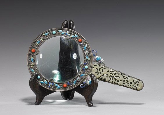 Chinese Enameled & Jeweled Magnifying Glass: Chinese Enameled & Jeweled Magnifying GlassOld Chinese magnifying glass; set in a handled frame with enameled floral motifs front and back, the front set with cabochon "jewels" and the handle set with