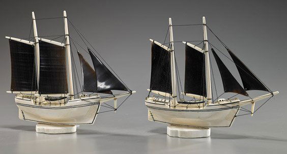 Pair Old Sectional Ivory Sailing Ships: Pair Old Sectional Ivory Sailing ShipsPair of very unusual early 20th Century Continental sectional carved ivory [probably fossil walrus tusk], models of sailing ships; each with two masts and four bl