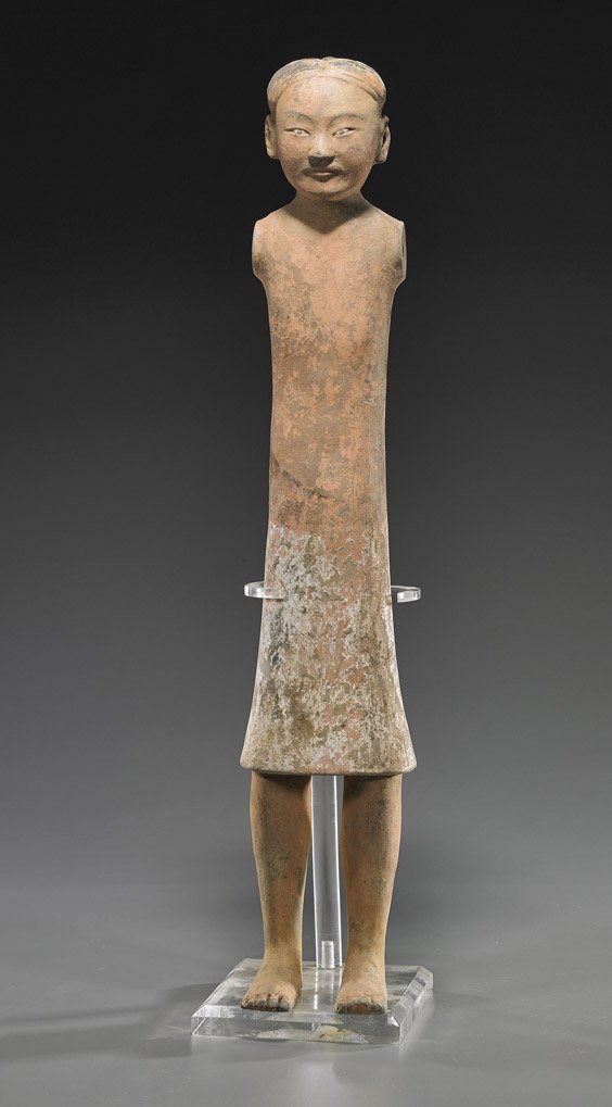Tall Chinese Han Dynasty Pottery Figure: Tall Chinese Han Dynasty Pottery Figure Tall Chinese Han Dynasty pottery figure; standing and wearing a skirt-like robe, with coiffed hair, some remaining painted decoration (typically armless); H: 24