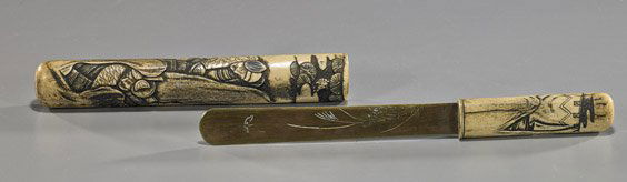 Antique Japanese Stag Antler Paper Cutter: Antique Japanese Stag Antler Paper CutterHighly unusual and possibly unique, 19th Century Japanese carved stag antler handled and sheathed paper cutter; in the form typically used as a pipe case, with