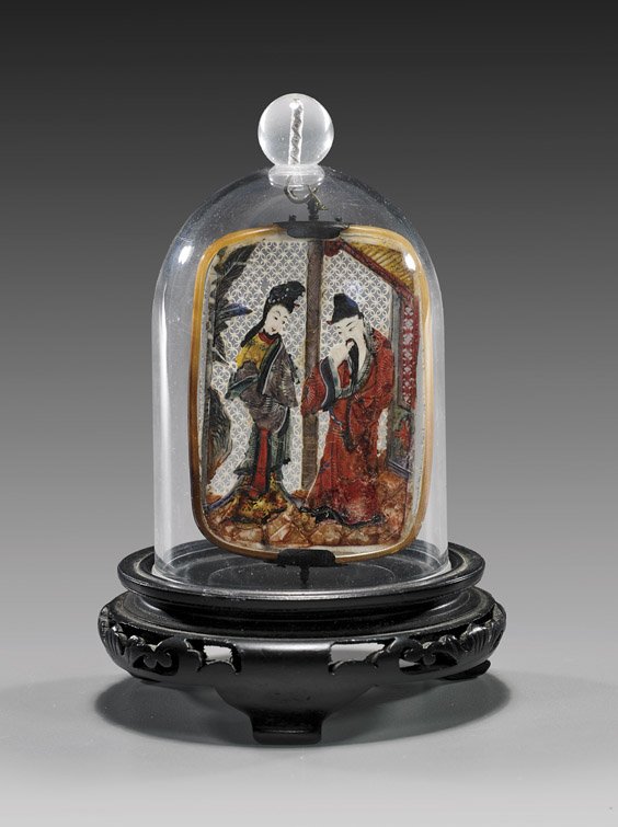 Antique Chinese Polychromed Ivory Pendant: Antique Chinese Polychromed Ivory Pendant Antique Chinese openwork reticulated, carved and polychromed ivory pendant; design of a male and a female court figure to the front, signed on verso (wear and