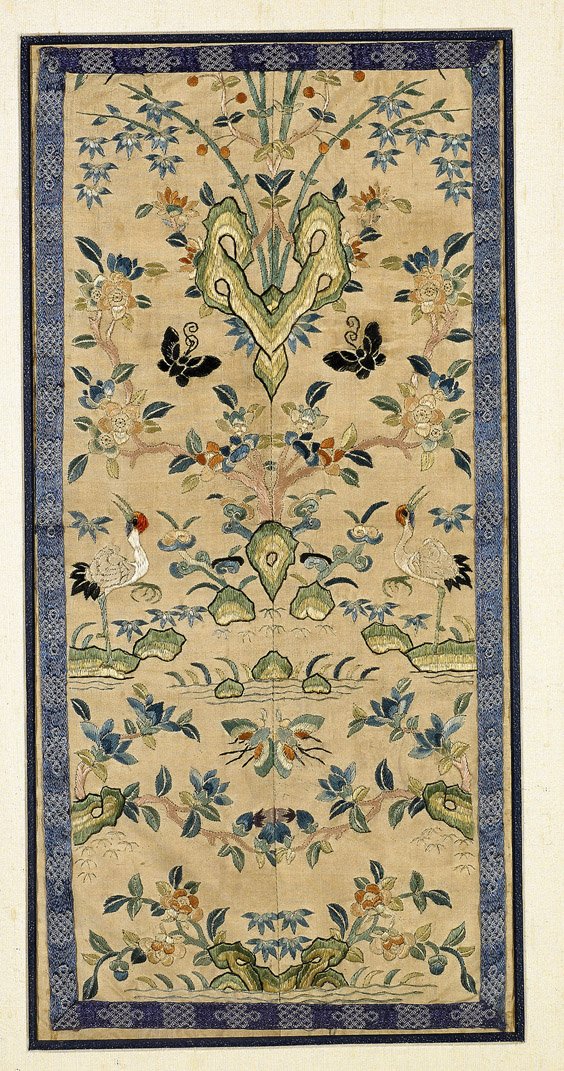 Group of 5 Old & Antique Chinese Silk Panels: Group of 5 Old & Antique Chinese Silk Panels Group of five old and antique Chinese silk panels: symmetrical with cranes, butterflies and flowering plants; symmetrical with beauties in garden landscape