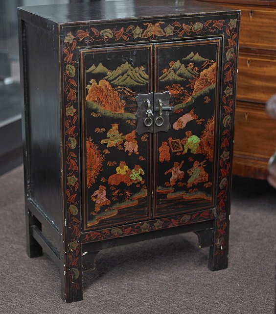 Old Chinese Painted Lacquer Cabinet: Old Chinese Painted Lacquer Cabinet Old Chinese painted lacquer cabinet; with double doors to the front painted with design of boys in a landscape, bordered by florals (some flaws and wear); H: 33 1/2