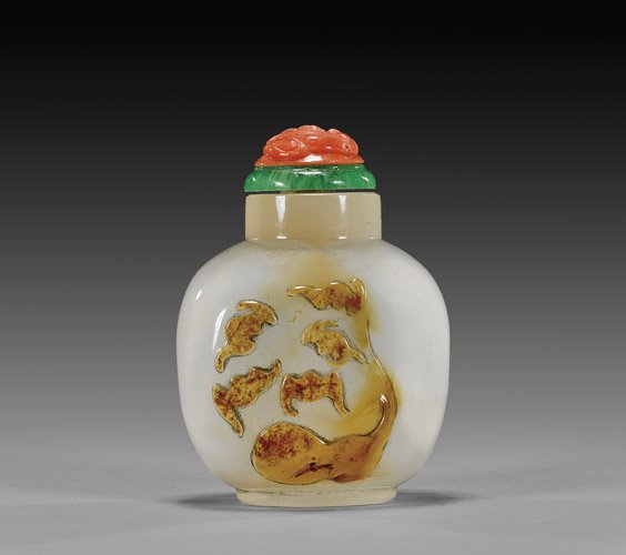 CAMEO CARVED AGATE SNUFF BOTTLE: CAMEO CARVED AGATE SNUFF BOTTLE Very thinly hollowed, cameo carved agate snuff bottle; of bulbous form: with design of bats above a gourd, rendered from the top layer of carnelian color on highly tran